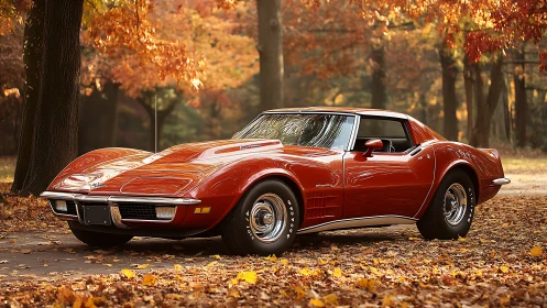 Autumn-lit red classic sports coupe parked in forest roadway