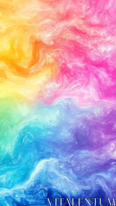 Radiant swirling rainbow clouds drift across a cosmic sky.