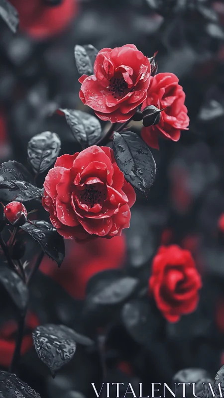 Red Roses with Desaturated Foliage in Dramatic Contrast.
