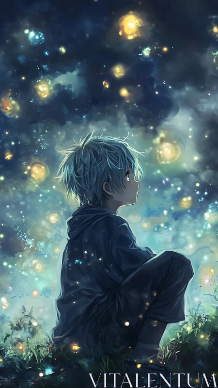 Sky-dreaming boy adrift in a swirling galaxy of fireflies.