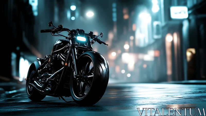 Custom motorcycle on wet neon lit city street at night.