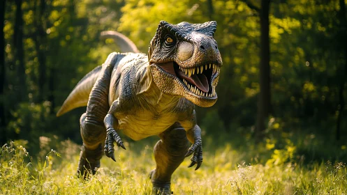 Roaring tyrannosaurus charges forward through sunlit forest