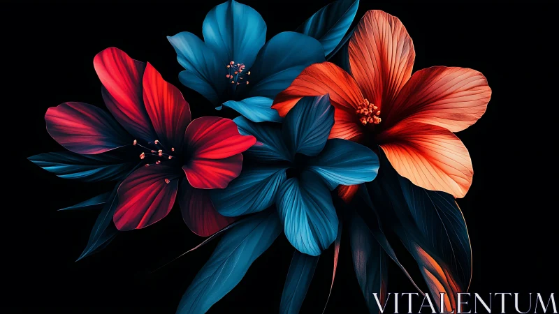 Radiant Flowers with Contrasting Blue and Coral Petals Against Black Background