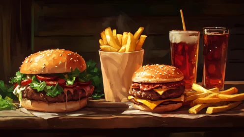 Burger duo showdown under warm diner lights, fries cheering.