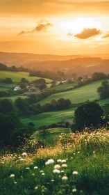 Golden countryside sunset bathes rolling green hills in light.