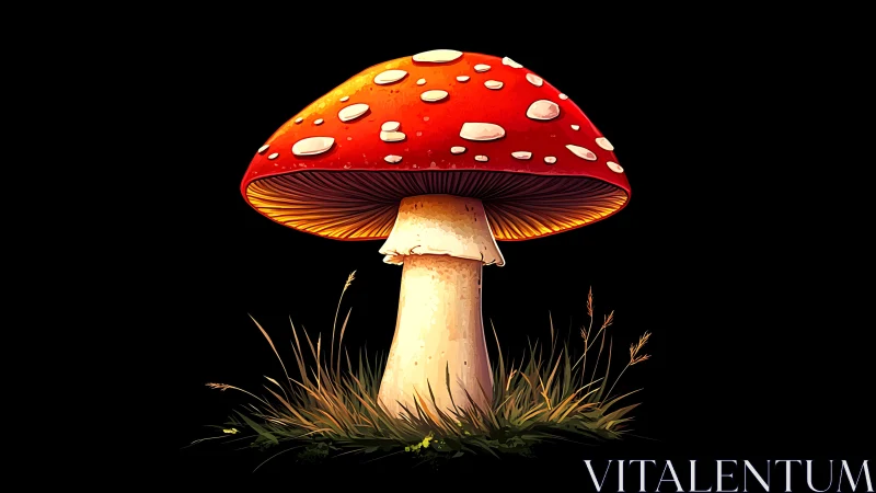 Red fly agaric mushroom illustration on black background.
