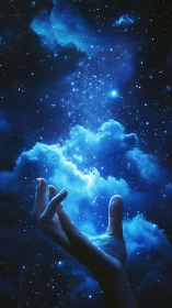 Human hand reaching toward blue starry night sky cloudscape.