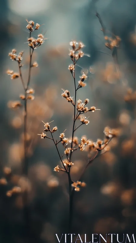 Dried wildflower stems glow through soft autumn bokeh haze.