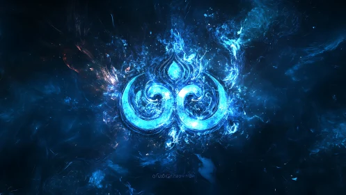 Shimmering blue energy sigil swirling in cosmic waters.