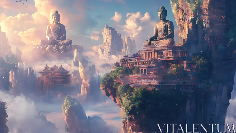 Buddha statues overlooking floating mountain temples in clouds.