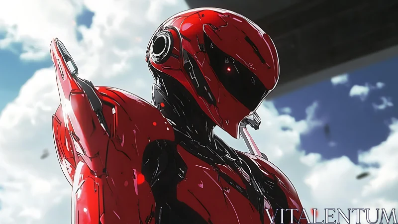 Red combat android framed against dynamic clouded sky