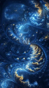 Fractal spirals form layered blue and gold vortex structures