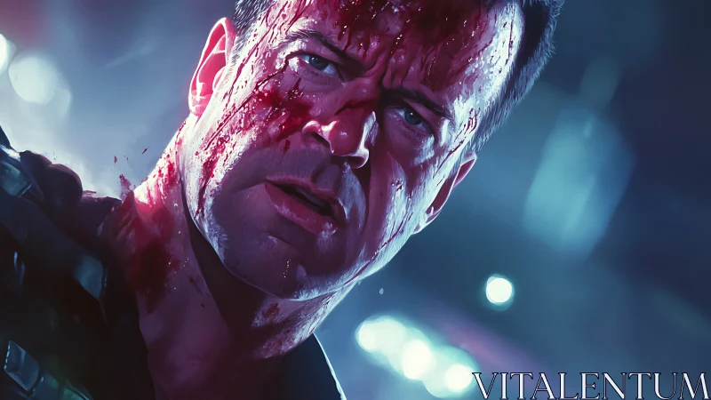 Battle-worn man stares ahead with gritty determination