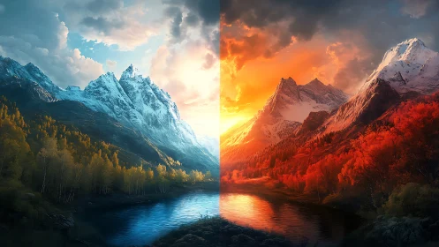 Bipolar alpine landscape split into cool dawn and fiery dusk.