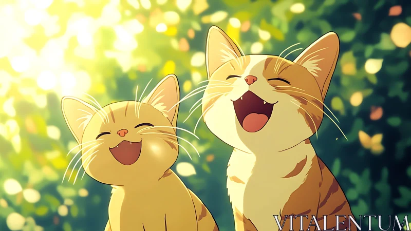 Two joyful orange cats laughing together in sunlit garden environment.