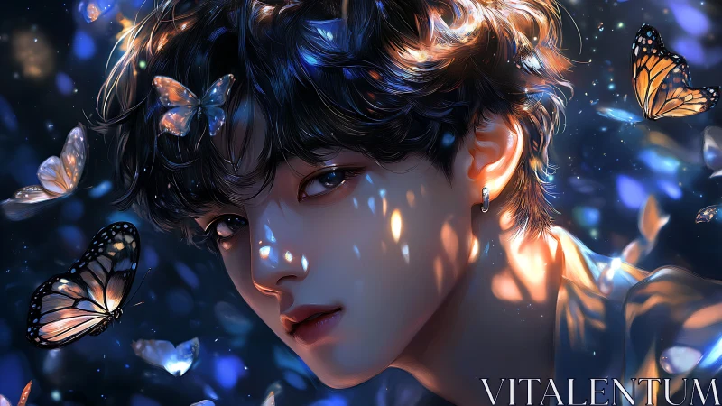 Luminous butterflies encircle ethereal youth in twilight glow