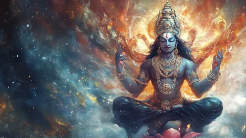 Celestial deity in cosmic meditation rendered as luminous digital art