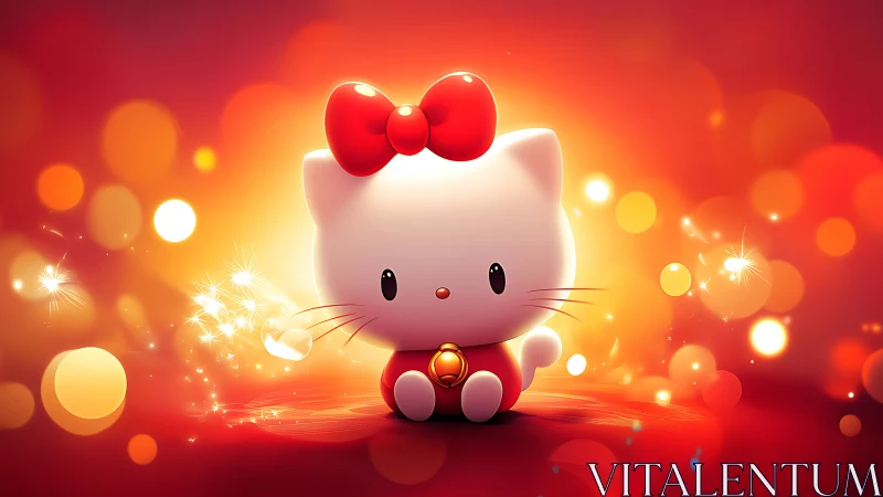 Cute white chibi cat mascot in glowing red bokeh field.