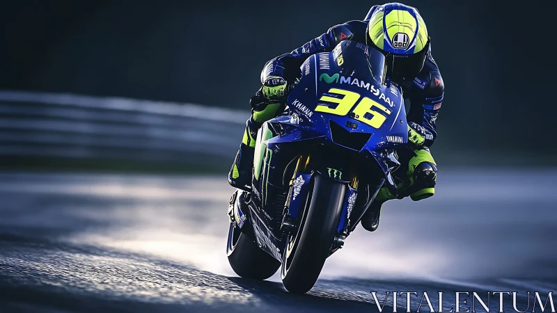 Motorcycle racer leans into wet-track straight under low light