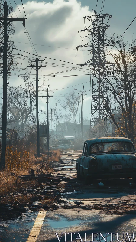 Abandoned sedan on cracked rural road under tangled powerlines