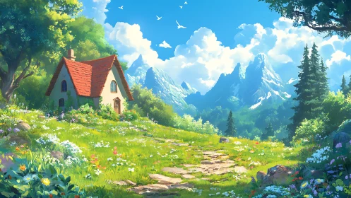 Small cottage stands in flowered meadow before alpine peaks