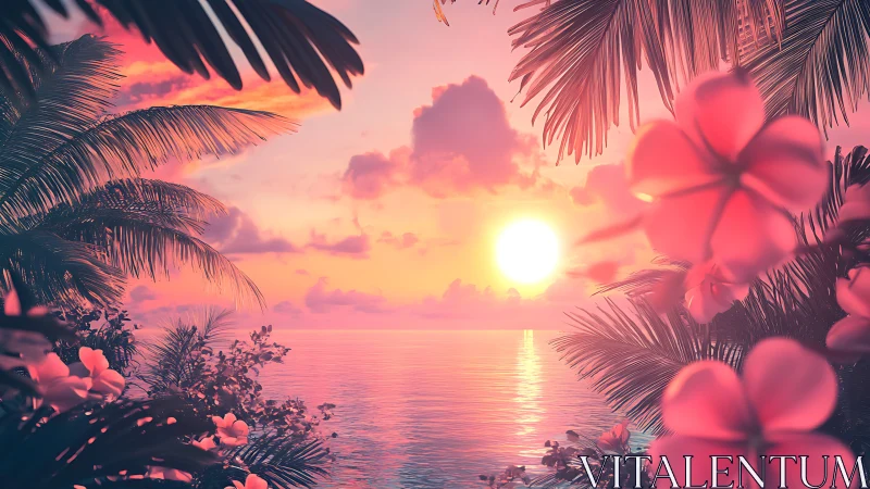 Digital painting of tropical sunset with floral foreground framing.