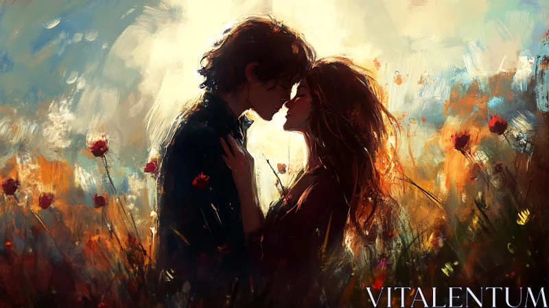 Two Figures Share an Intimate Moment in a Blooming Flower Field