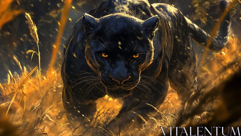 Black Panther Stalking Through Golden Grassland.