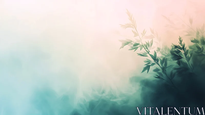 Soft gradient foliage in misty abstract background.