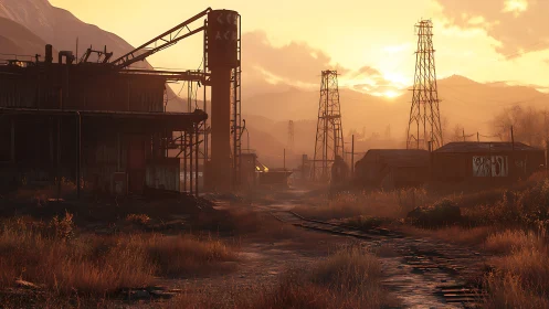 Sunlit derelict industrial yard fades into misty horizon.