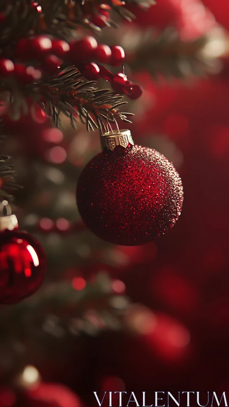 Red glitter bauble hangs from Christmas tree branch in bokeh glow