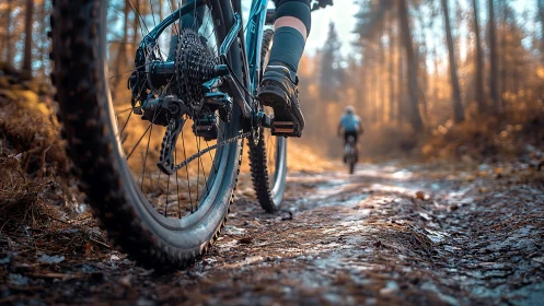 Mountain bike close-up emphasizes tread grip on forest trail at golden hour.