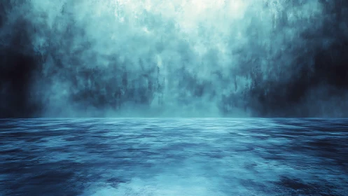 Frozen horizon meets abstract mist in cold blue seascape