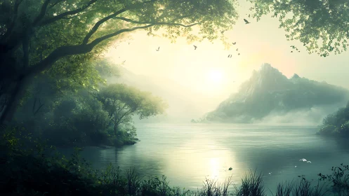 Calm misty lake with distant rocky mountain at sunrise.