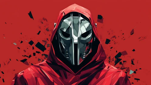 Metal-masked figure in crimson hood stands amid shattered void.