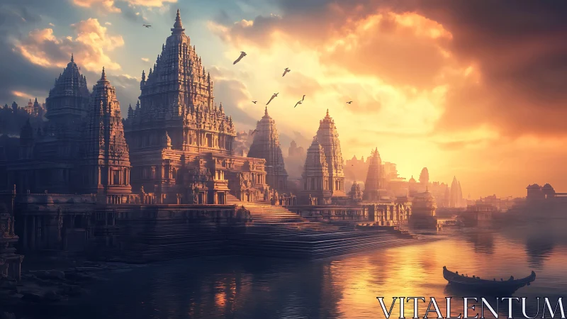 Sunlit riverside temple complex in cinematic golden haze.