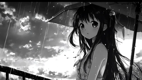 Rain-soaked anime girl beneath umbrella in stormy grayscale.