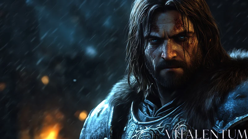 Weathered warrior in the rain pauses between burning battles.