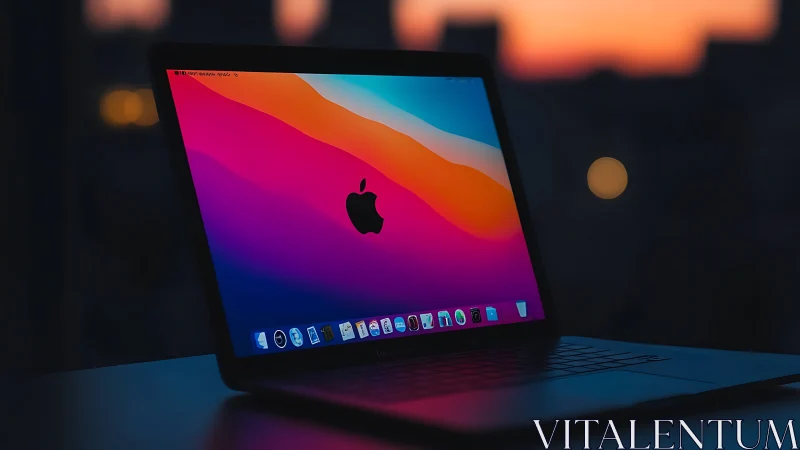 Sleek laptop glows against a warm, blurred sunset skyline