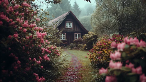 Foggy forest cottage framed by blooming pink rhododendrons.