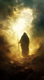 Lone wanderer walks into glowing light along a rocky path