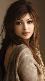 Elegant woman gazes softly in warm studio portrait lighting.