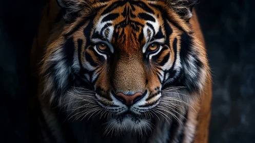 Tiger gaze emerging from shadow in dramatic close portrait.