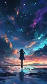 Celestial horizon with silhouetted girl in vivid anime sky.