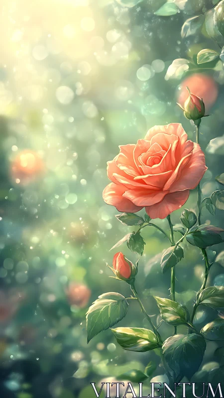 Salmon-toned rose in bloom with bokeh-saturated garden environment.