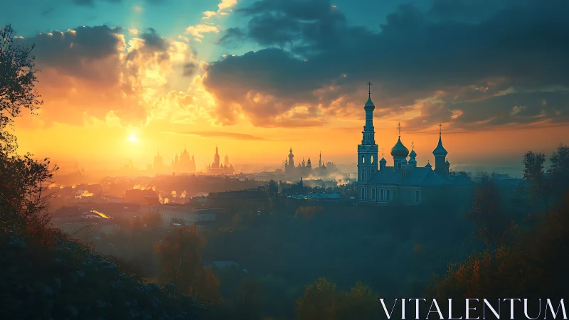 Sunrise over misty domes and spires in a quiet old town.