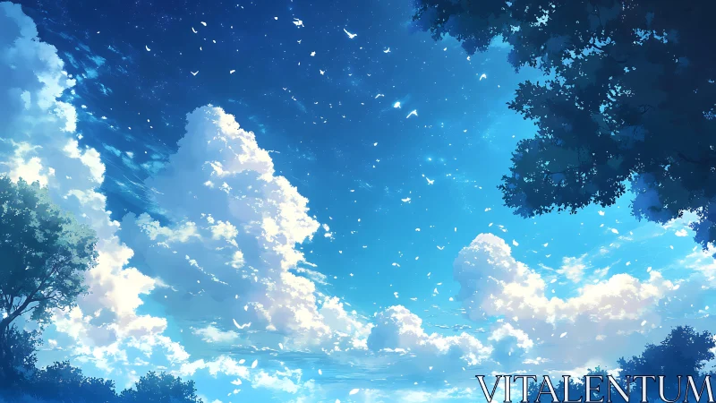 Deep cerulean sky with drifting clouds and tree silhouettes.