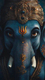 Blue elephant deity portrait shows ornate golden crown