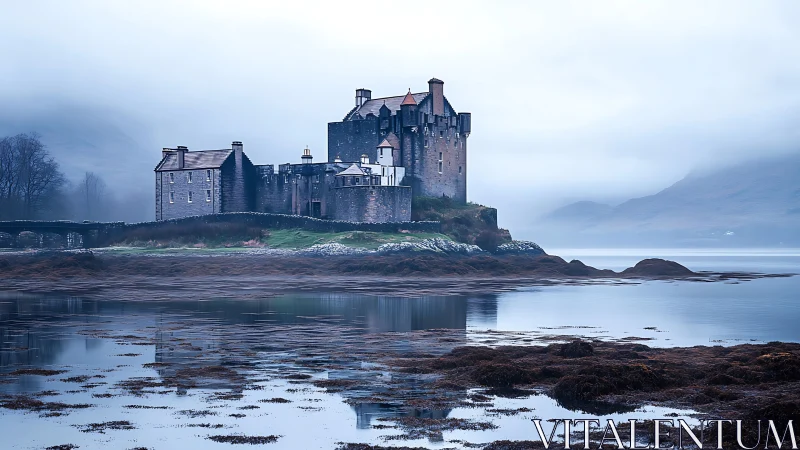 Coastal Fortification: Medieval Castle Silhouette Against Atmospheric Seascape.