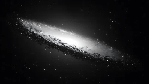 Edge-on spiral galaxy in monochrome deep space view.